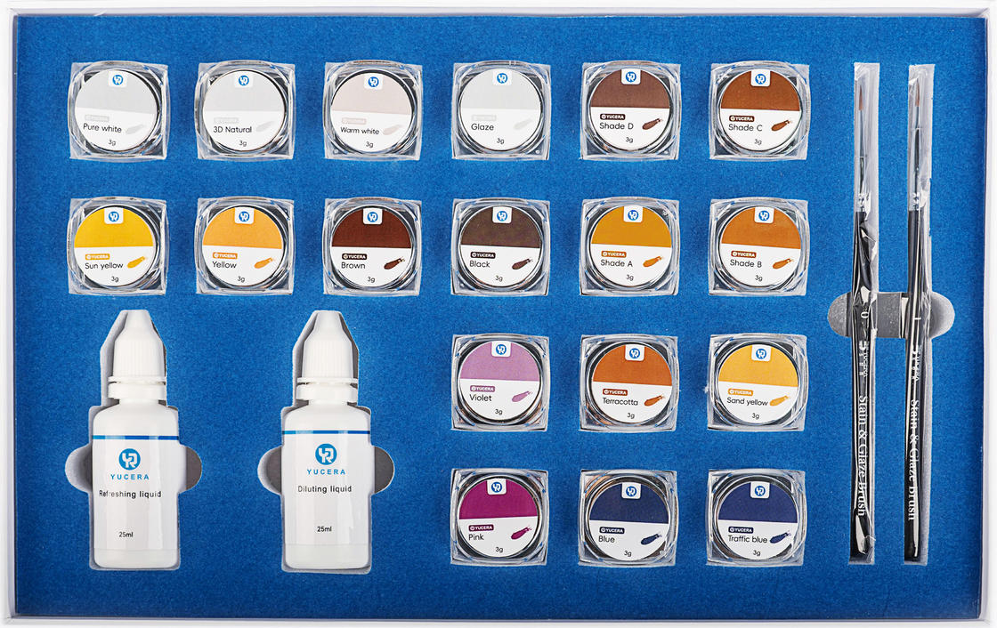 Kit de tinción de zirconia cerámica Yucera 18 colores Unique Smile Solutions Natural Glow para creaciones de laboratorio dental