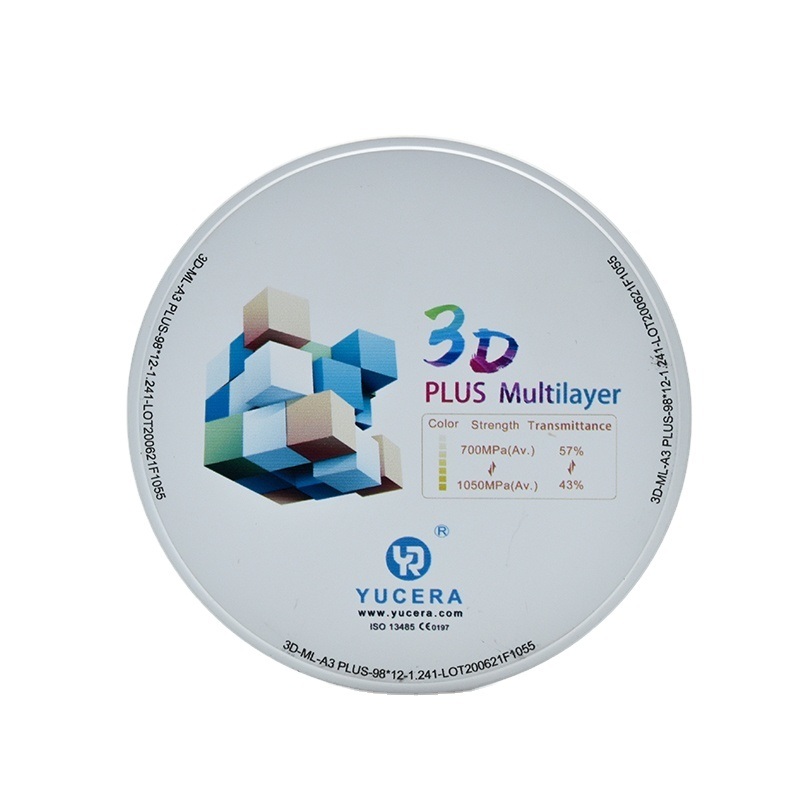Disco de zirconia dental de 98 mm YUCERA 3D Multicapa | 1050MPa/43-57% de transmisión de luz | Certificado ISO 13356