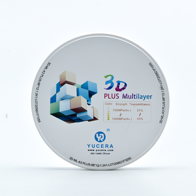 Disco de zirconia dental de 98 mm YUCERA 3D Multicapa | 1050MPa/43-57% de transmisión de luz | Certificado ISO 13356