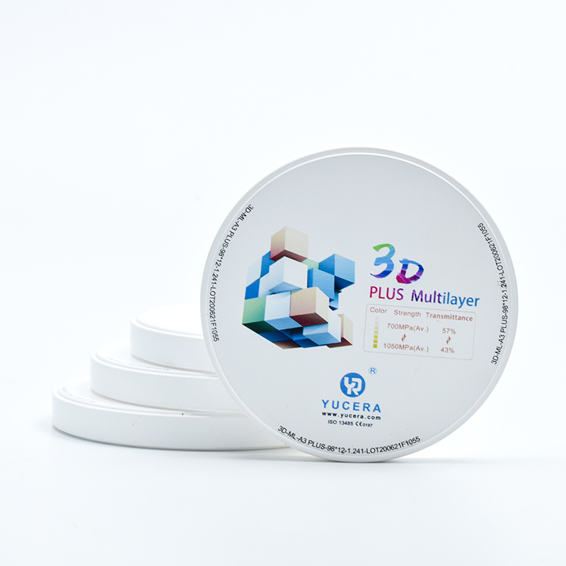 Disco de zirconia dental de 98 mm YUCERA 3D Multicapa | 1050MPa/43-57% de transmisión de luz | Certificado ISO 13356